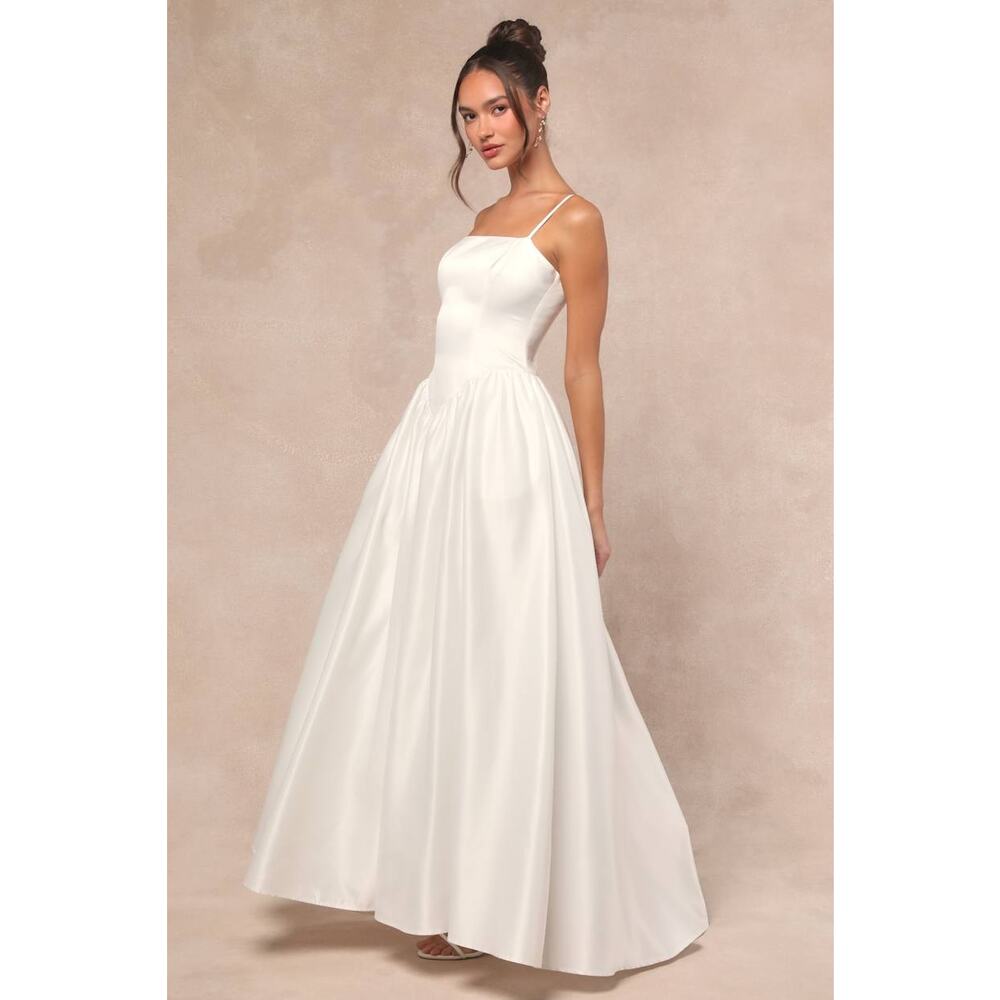 Lulus Luxe Bridal NWOT Bria White Satin Basque Waist Maxi Wedding Dress Medium - Picture 3 of 9